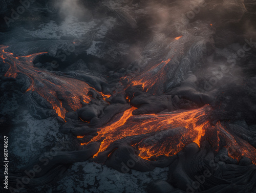 Aerial view of lava flowing down a mountain in hawaii, hawaii, hawaii.