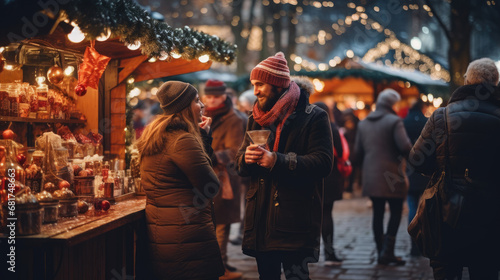 A group of people standing at a Christmas market and drinking wine, Christmas party