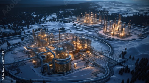a natural gas compressor station from an aerial perspective, the vast network of engines and piping that extends for miles, providing a realistic portrayal of industrial infrastructure. photo