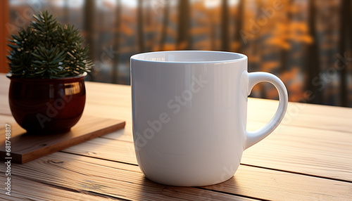 Coffee cup on wooden table with plant in background generated by AI