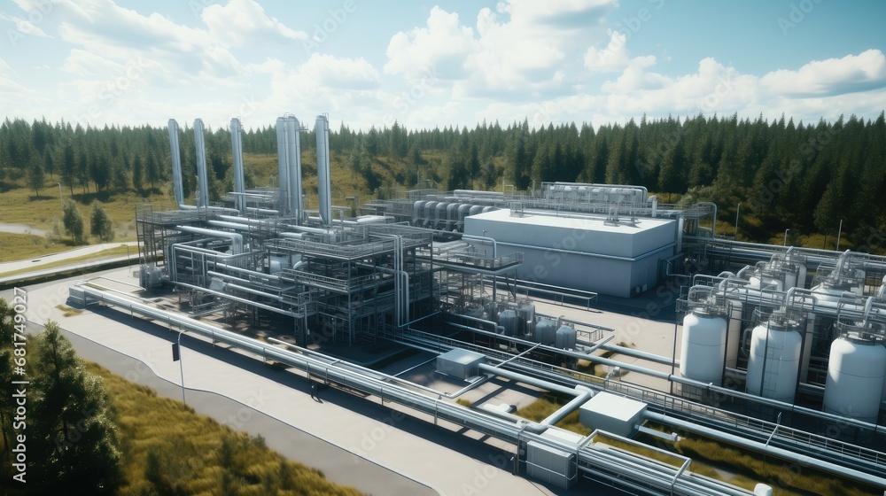 a natural gas compressor station from an aerial perspective, the vast network of engines and piping that extends for miles, providing a realistic portrayal of industrial infrastructure. a natural gas compressor station from an aerial perspective, the vast network of engines and piping that extends for miles, providing a realistic portrayal of industrial infrastructure.