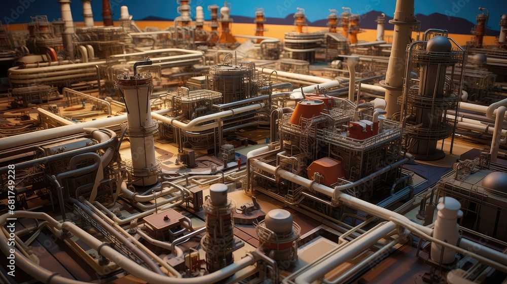 a natural gas compressor station from an aerial perspective, the vast network of engines and piping that extends for miles, providing a realistic portrayal of industrial infrastructure.