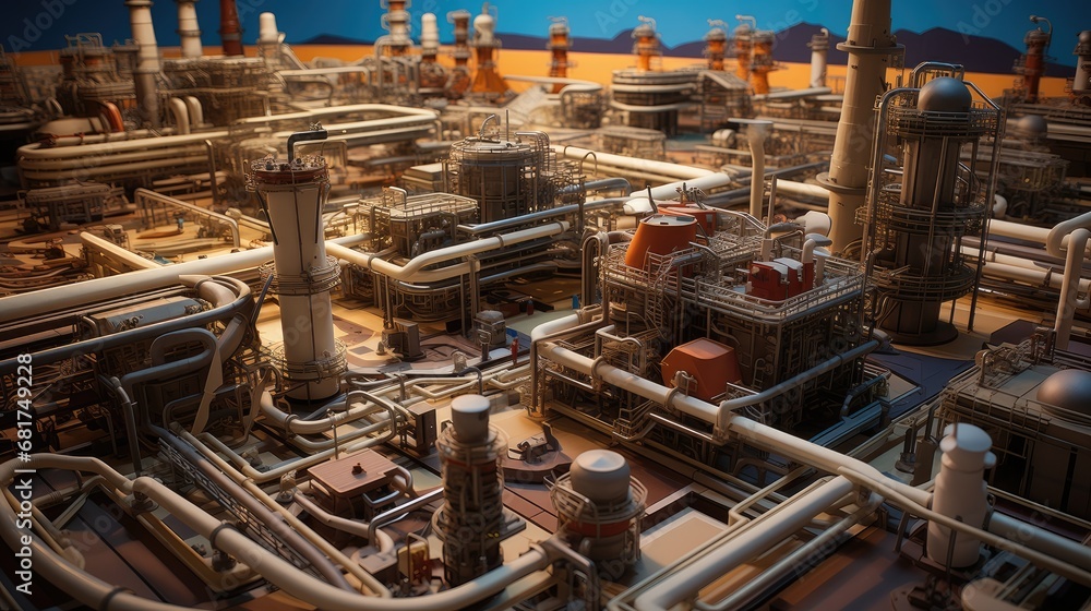 a natural gas compressor station from an aerial perspective, the vast network of engines and piping that extends for miles, providing a realistic portrayal of industrial infrastructure. a natural gas compressor station from an aerial perspective, the vast network of engines and piping that extends for miles, providing a realistic portrayal of industrial infrastructure.