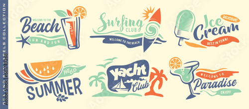 Summer holiday logos and labels collection. Sun and sea fun on the beach vector set with watermelons, ice cream, tropical cocktail bar and surfing board graphics.