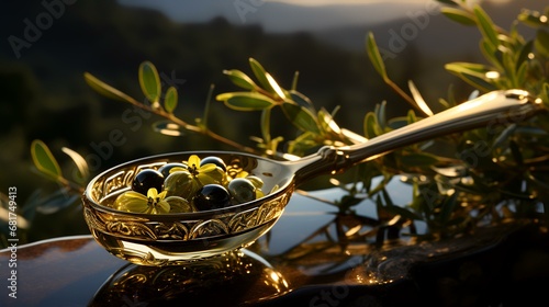 Olive oil in a spoon on a background of a mountain landscape photo