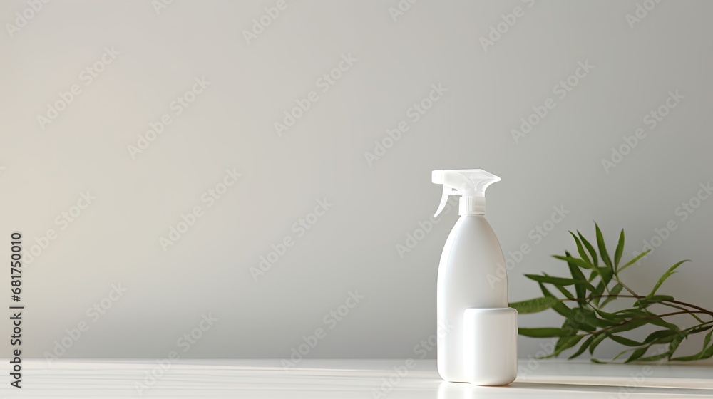 an unmarked plastic white spray bottle placed on a table with an off-white solid background, with space for accompanying text or invitations. an unmarked plastic white spray bottle placed on a table with an off-white solid background, with space for accompanying text or invitations.