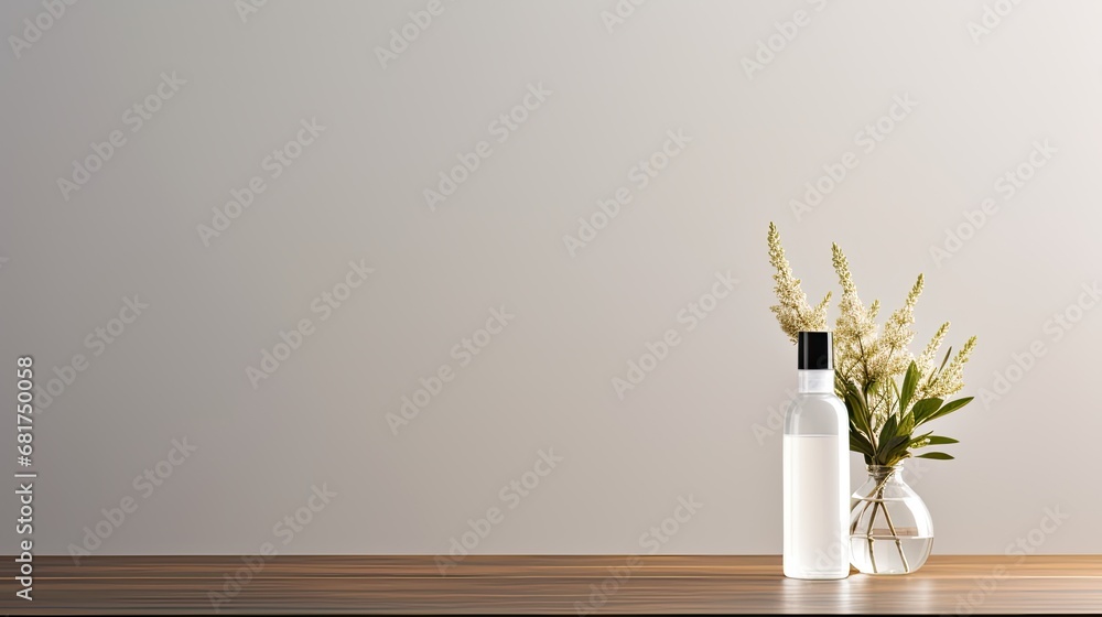 an unmarked plastic white spray bottle placed on a table with an off-white solid background, with space for accompanying text or invitations.