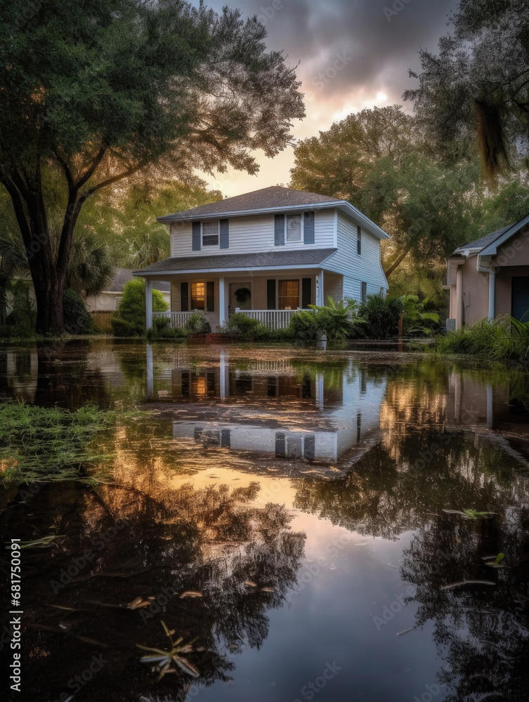 House is reflected in a body of water. House is reflected in a body of water.