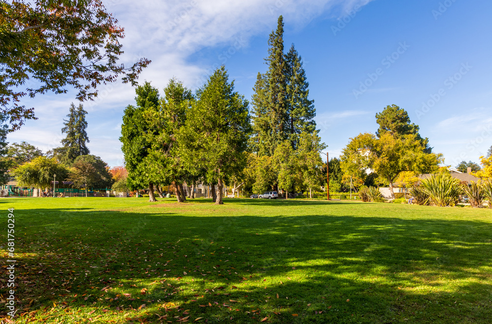 Beautiful landscape with lawn and trees in the small neighborhood park in Palo Alto, California Beautiful landscape with lawn and trees in the small neighborhood park in Palo Alto, California
