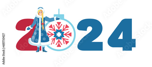 2024. Happy New Year. Snow Maiden is pointing with her hand to the greeting New Year numbers 2024. Merry Christmas, banner, people, girl. Elements for calendar and greeting cards. Vector illustration