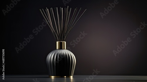 a black reed diffuser bottle with minimalistic design and golden details, a modern minimalist style and ensure there's ample space for accompanying text or invitations.