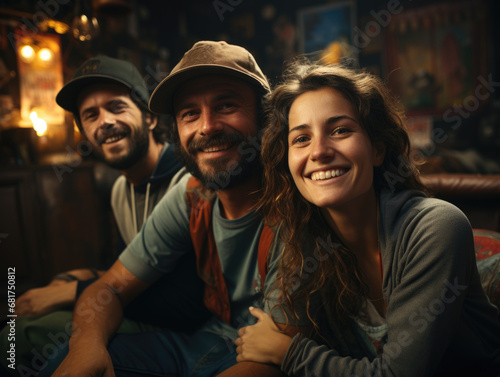 A group of friends enjoying a night at a bar, smiling and looking at camera. © nenetus