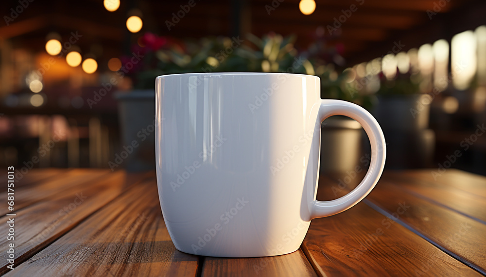 Fototapeta premium Cozy coffee shop, hot drink, wood background, comfortable relaxation generated by AI