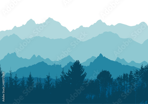 Autumn landscape with blue trees. Mountains in a warm country. hand drawing. Not AI, Illustrat3 . Vector illustration photo