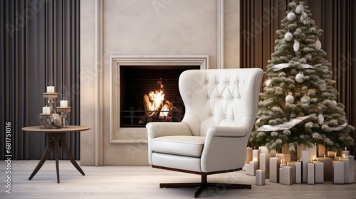 a beautiful leather chair adorned with a white velveteen blanket. In the background, showcase a cozy fireplace with stockings and a glimpse of a decorated Christmas tree. © lililia
