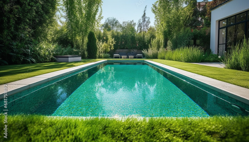 Green grass, blue pool, modern design luxury relaxation outdoors generated by AI