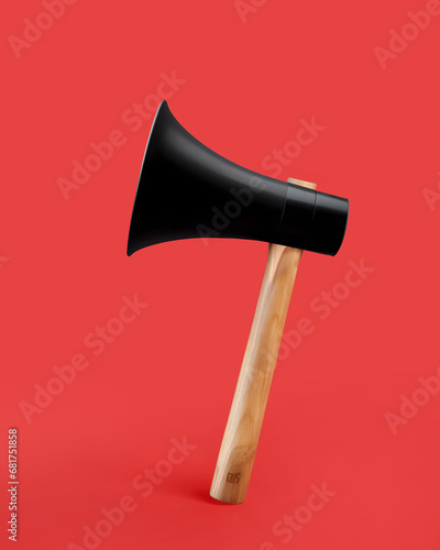 Megaphone in the shape of axe with wooden handle on isolated red background. Minimal creative concept of hurtful words, fake news, hate speech, public violence on social media. photo