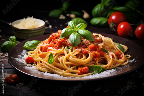 Gourmet pasta dish with rich tomato sauce, fresh basil, and grated parmesan, inviting and flavorful