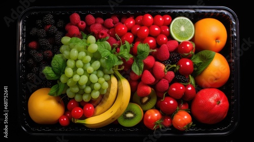 a black plastic grocery basket filled with an assortment of vibrant fruits, appealing composition that showcases freshness and variety. © lililia