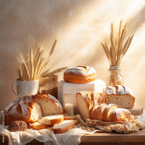 Brot und Weizen auf einem Tisch photo