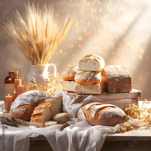 Brot und Weizen auf einem Tisch photo