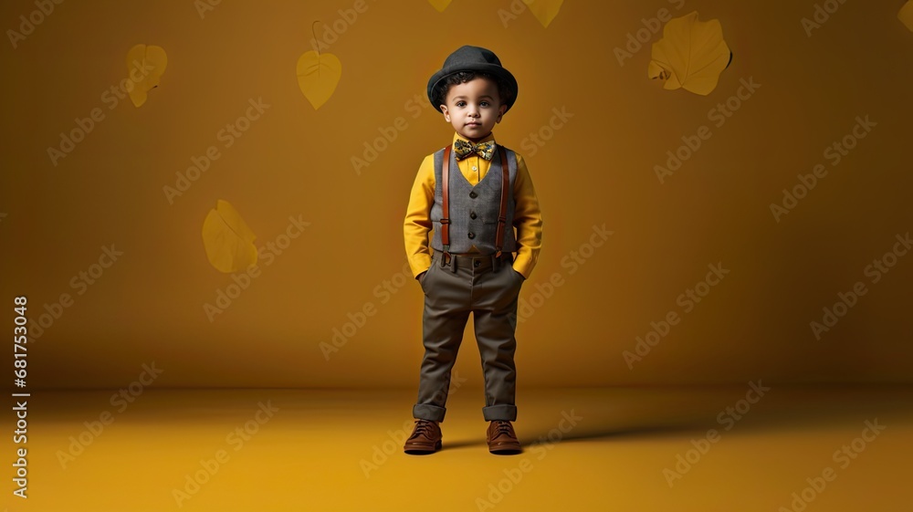 a 3-year-old boy dressed in handsome clothes, natural charm and high-grade sense of fashion, a warm and delightful scene. a 3-year-old boy dressed in handsome clothes, natural charm and high-grade sense of fashion, a warm and delightful scene.