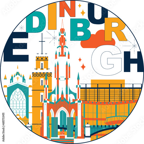 Typography word Edinburgh branding technology concept. Collection of flat vector web icons. Scotland culture travel set, architectures, specialties detailed silhouette. Doodle European famous landmark