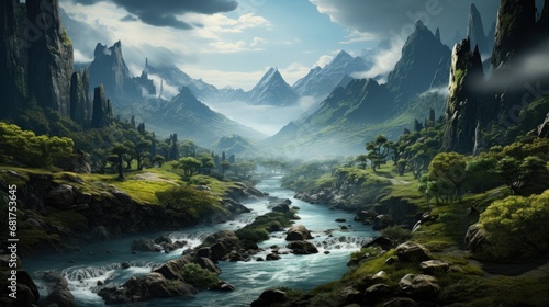 Ethereal Valley: A River's Journey Through Majestic Peaks 