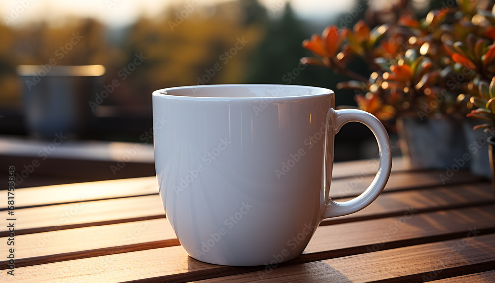 Obraz premium Coffee cup on wooden table in outdoor nature background generated by AI