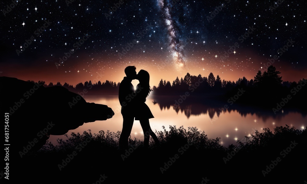 Night landscape with silhouettes of hugging and kissing man and woman with lake sea background. Colorful sky with stars. Silhouette of lovers. Couple, relationship. Milky way with people. Universe