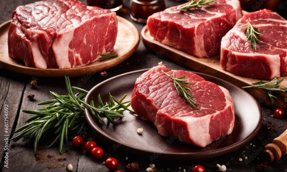 Variety of raw meat. Steak, ribeye, tenderloin fillet mignon from pork or beef. Cooking or barbeque ingredients