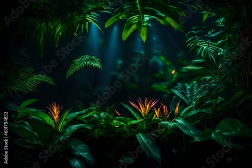palm tree in the night, A creative layout installed with a tropical colorful plants forest glowing in the dark background