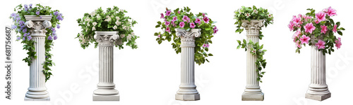 Collection of columns with plants on them on a white or transparent background generative ai