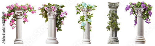 Collection of columns with plants on them on a white or transparent background generative ai