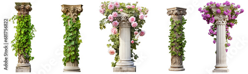 Collection of columns with plants on them on a white or transparent background generative ai