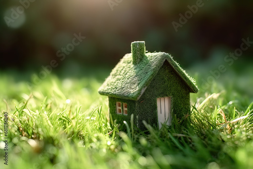 Small eco green toy house in grass on meadow at spring