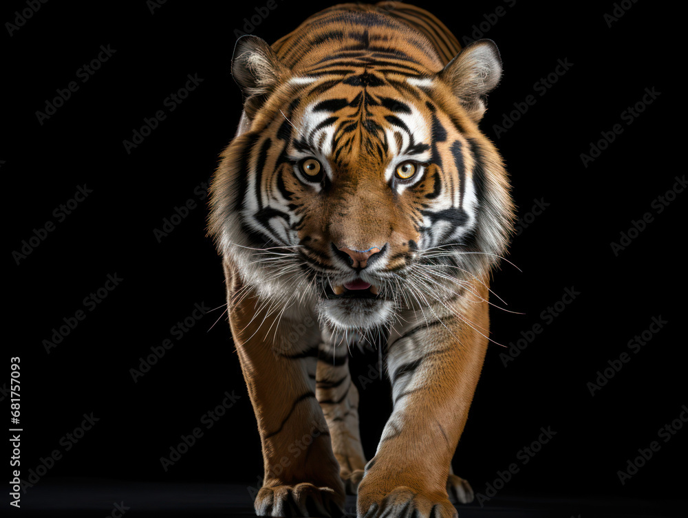 Fototapeta premium Tiger Studio Shot Isolated on Clear Black Background, Generative AI