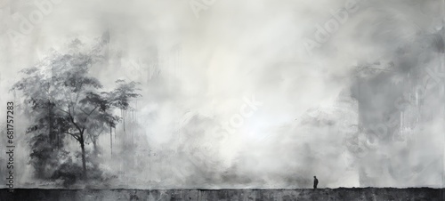 Mysterious Black and White Landscape Painting with Solitary Man
