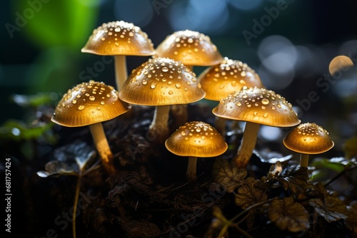 Rare Gold mystery mushroom. Natural wild grow. Generate Ai