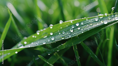 Macro shot of grass with water drops. HD quality,photorealism.