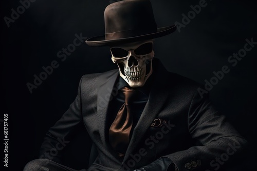 Skeleton in a black suit and hat, businessman or gangster. Generative AI photo