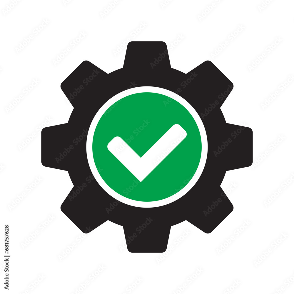 Check mark with gear icon, cog with check icon. Check mark with gear icon, cog with check icon.