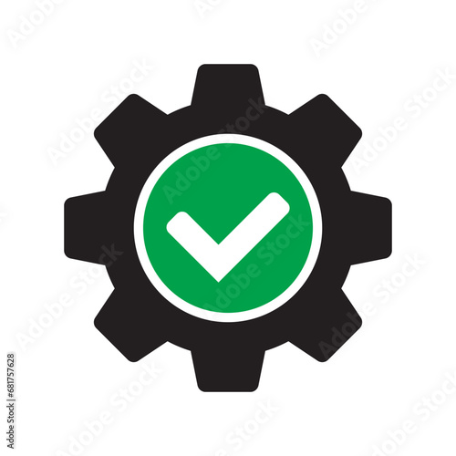 Check mark with gear icon, cog with check icon.