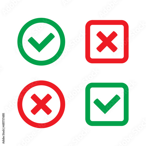Green tick and red cross checkmarks flat icons. Yes or no symbol, approved or rejected icon for user interface.