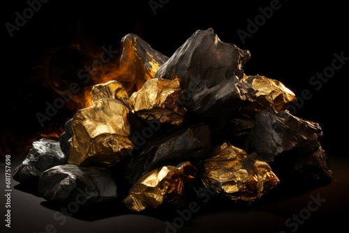 Gold nugget coals. Coal rock. Generate Ai