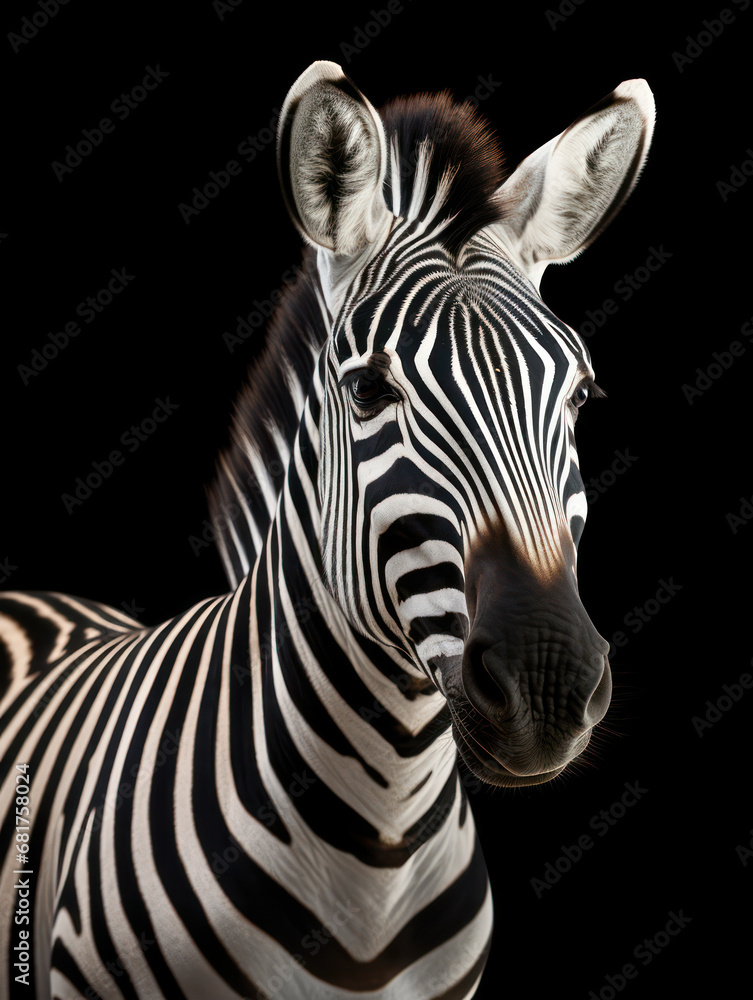 Zebra Studio Shot Isolated on Clear Black Background, Generative AI