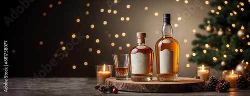 Whisky bottle with blank label template and Christmas ornaments on wooden table. Bottle and glasses of Whisky on christmas table with blurred christmas tree in background. banner with space for text