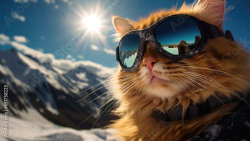 Photo of a cat in sunglasses in the snowy mountains on the winter background. © WELGOS