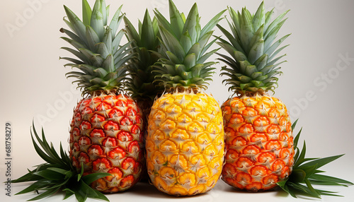 Fresh, ripe pineapple and strawberries on a wooden table generated by AI
