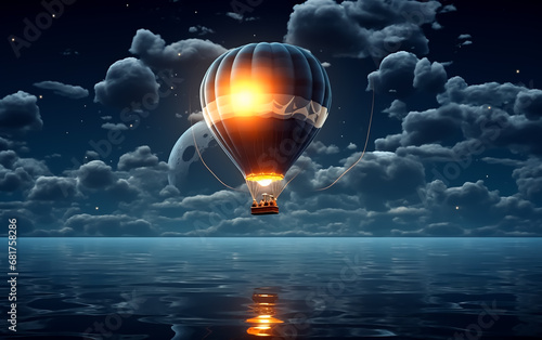 Traditional Fantasy Hot air balloon flying over frozen sea at night - Night blue sky with full moon - Ice on the ocean shore at night, magical view background